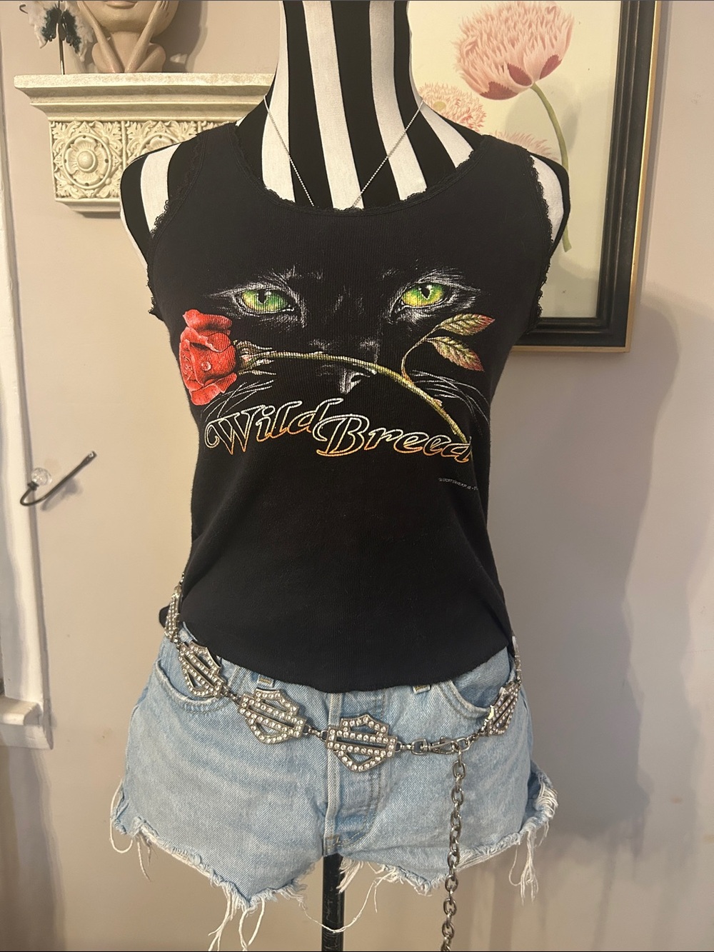 Rare Vintage 2001 Sturgis Wild Breed Black Graphic Tank Top with Rose s/m